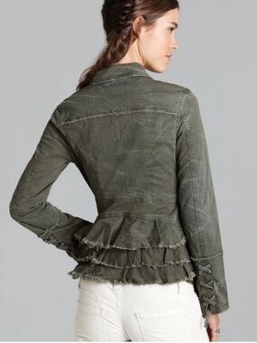 Free People Military Ruffle Jacket Army Green Olive Coat Lace-Up Cuffs Medium M